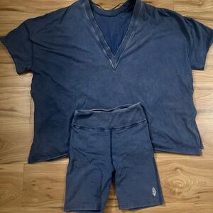 Free people matching set bike shorts and oversized top.